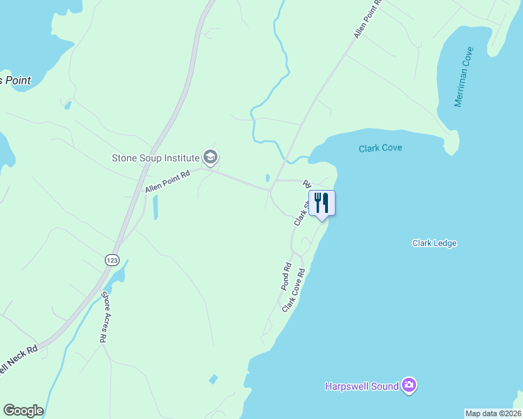 map of restaurants, bars, coffee shops, grocery stores, and more near 60 Allen Point Road in Harpswell