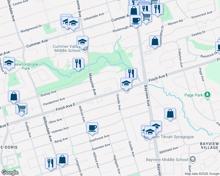 map of restaurants, bars, coffee shops, grocery stores, and more near 57 Kenneth Wood Crescent in Toronto