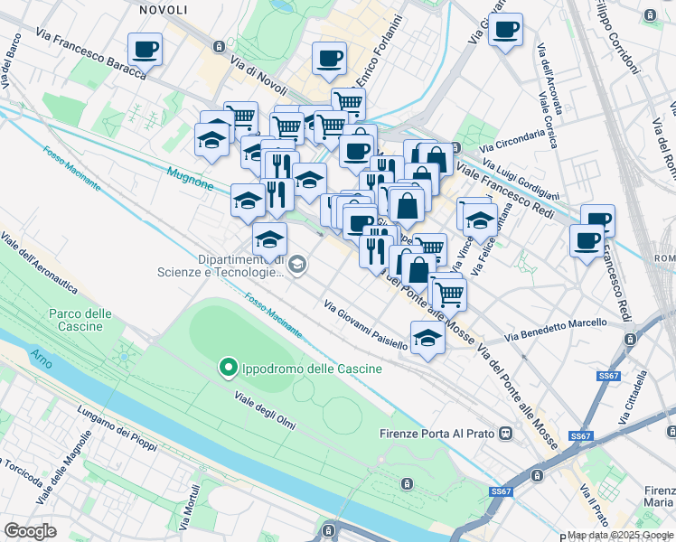 map of restaurants, bars, coffee shops, grocery stores, and more near 158 Via del Ponte alle Mosse in Firenze