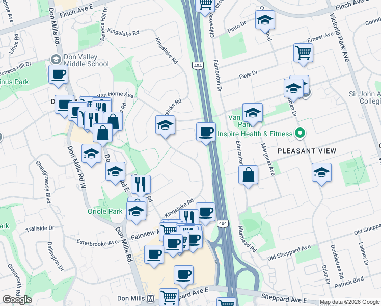 map of restaurants, bars, coffee shops, grocery stores, and more near 75 Kingslake Road in Toronto