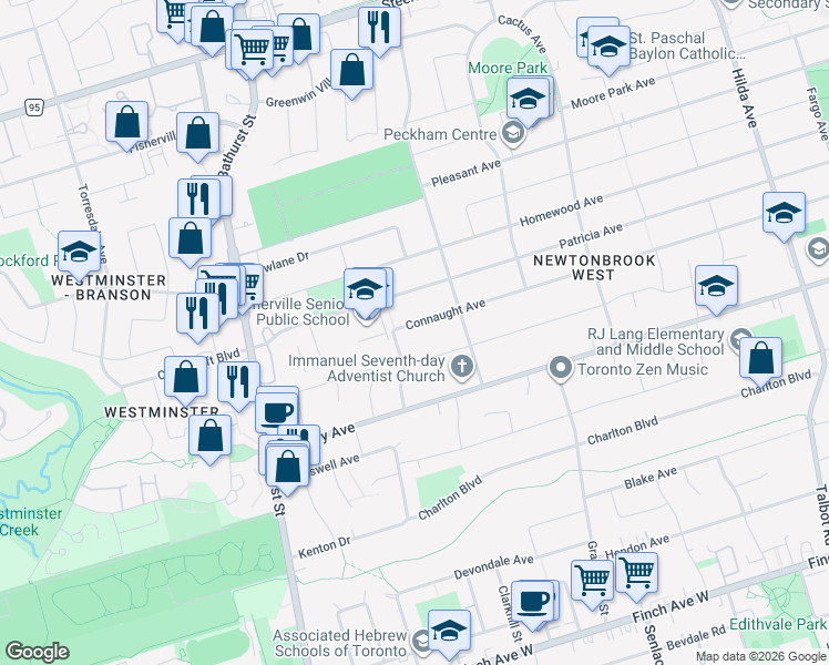 map of restaurants, bars, coffee shops, grocery stores, and more near 435 Connaught Avenue in Toronto