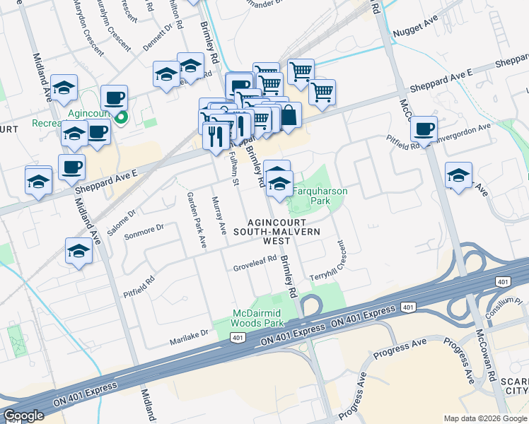 map of restaurants, bars, coffee shops, grocery stores, and more near in Toronto