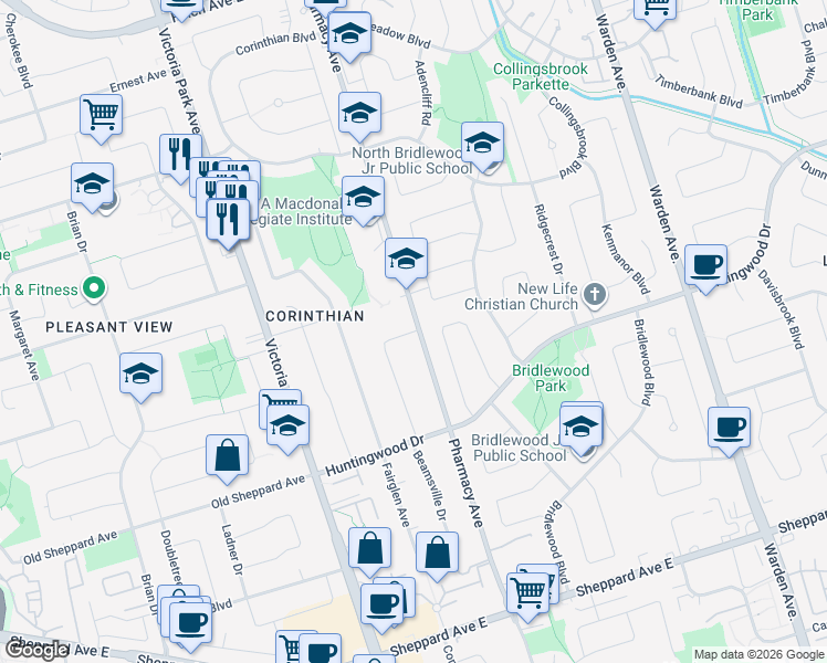 map of restaurants, bars, coffee shops, grocery stores, and more near 123 Sesame Street in Toronto