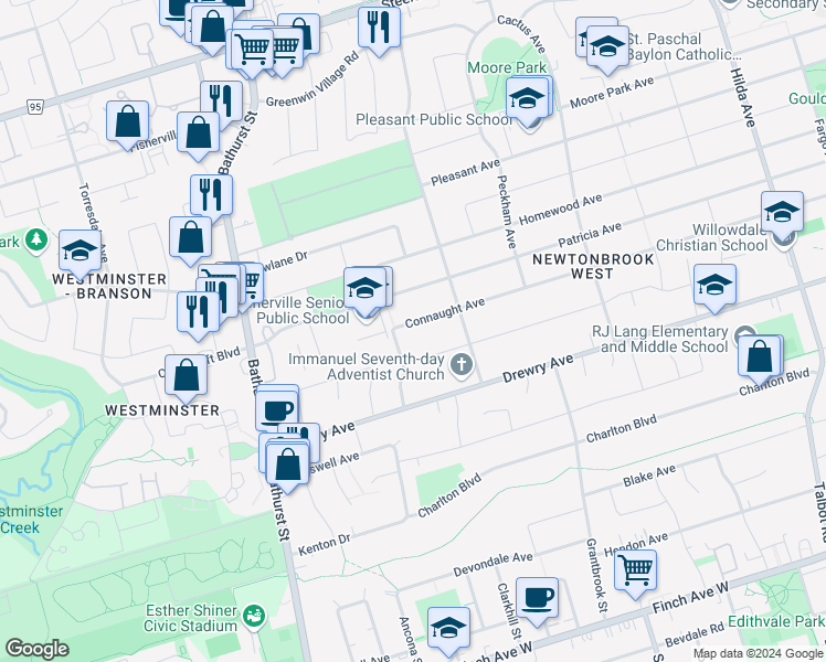 map of restaurants, bars, coffee shops, grocery stores, and more near in Toronto