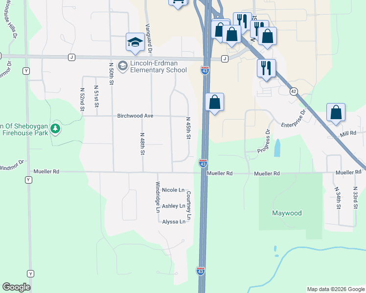 map of restaurants, bars, coffee shops, grocery stores, and more near 3816 North 45th Street in Sheboygan