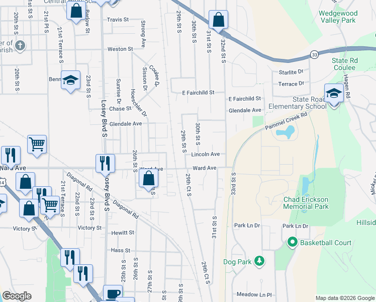 map of restaurants, bars, coffee shops, grocery stores, and more near 2604 30th Street South in La Crosse