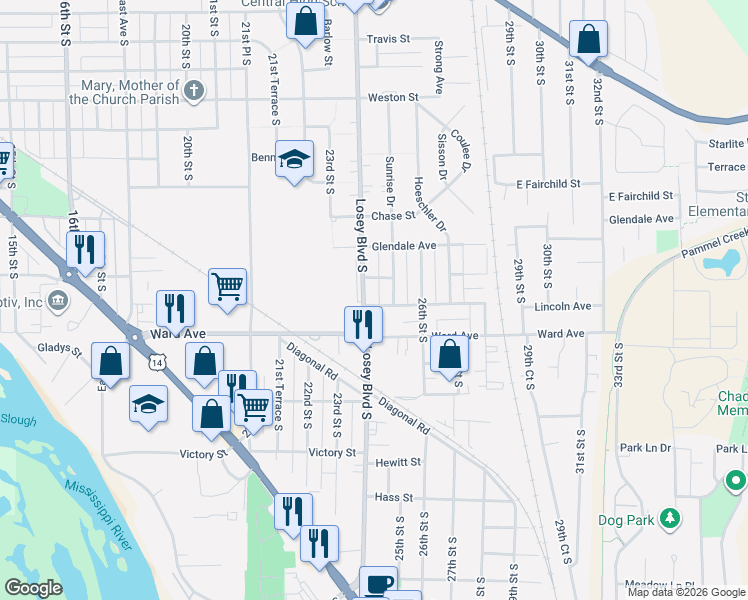 map of restaurants, bars, coffee shops, grocery stores, and more near 2601 Losey Boulevard South in La Crosse
