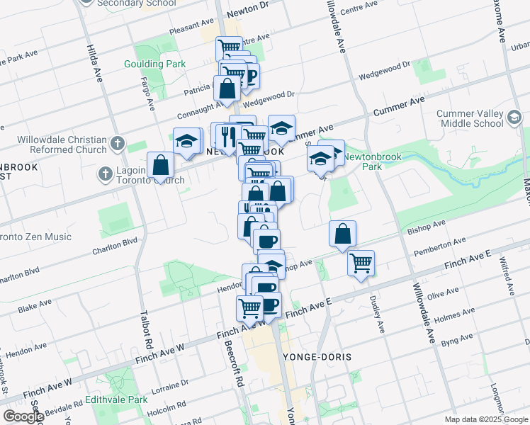 map of restaurants, bars, coffee shops, grocery stores, and more near 5791 Yonge Street in Toronto