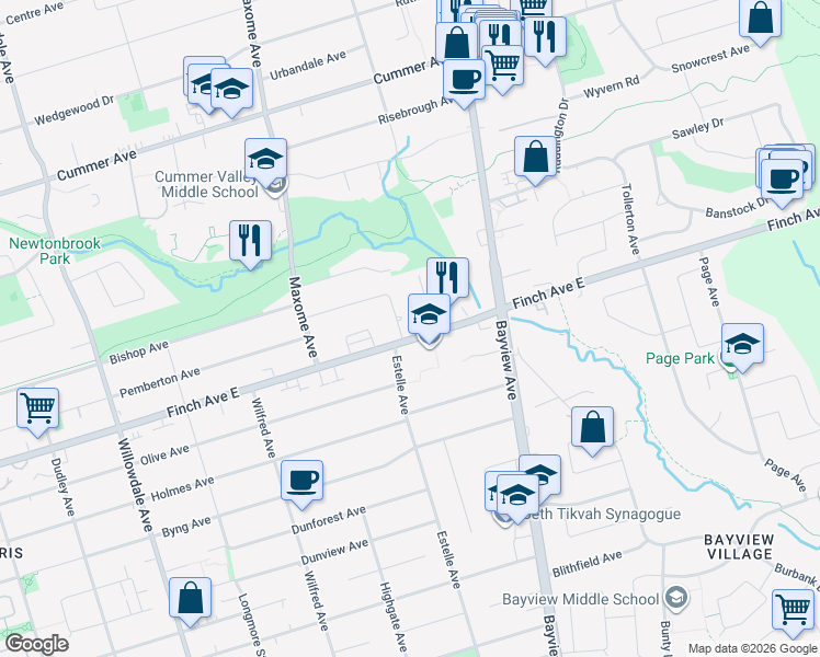 map of restaurants, bars, coffee shops, grocery stores, and more near 272 Finch Avenue East in Toronto