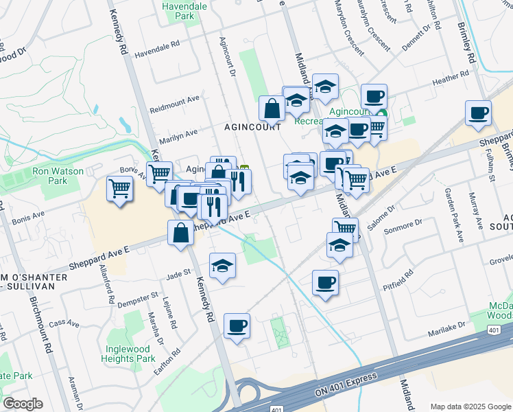 map of restaurants, bars, coffee shops, grocery stores, and more near 4100 Sheppard Avenue East in Scarborough