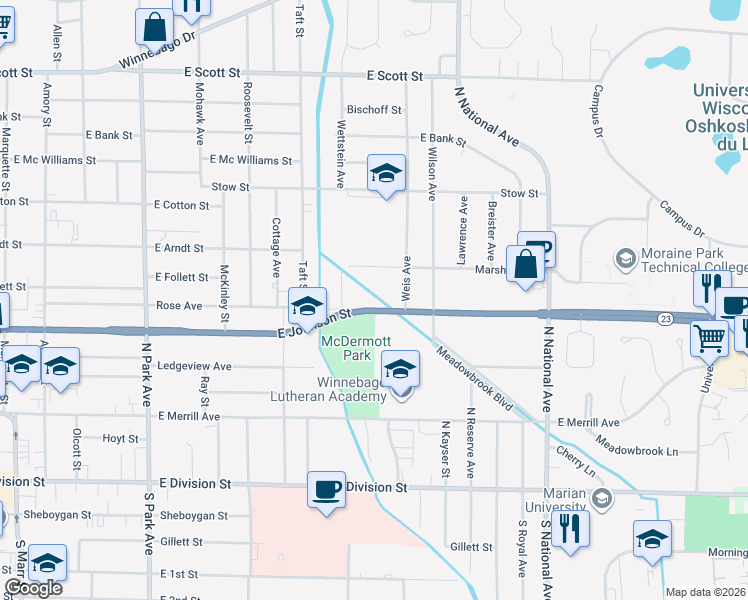 map of restaurants, bars, coffee shops, grocery stores, and more near 454 Marshall Avenue in Fond du Lac