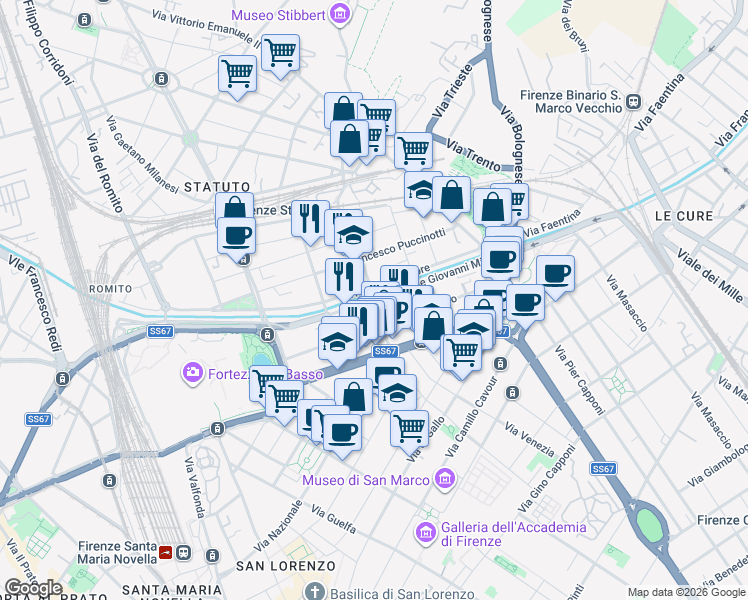 map of restaurants, bars, coffee shops, grocery stores, and more near 84 Via XX Settembre in Firenze