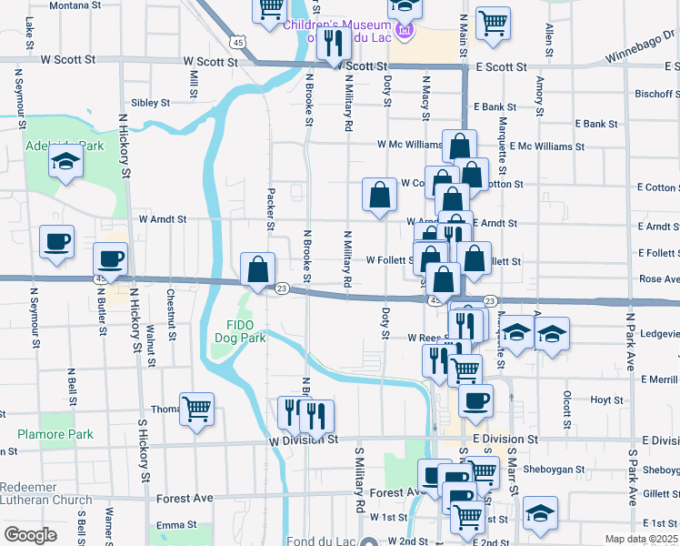 map of restaurants, bars, coffee shops, grocery stores, and more near 163 West Follett Street in Fond du Lac