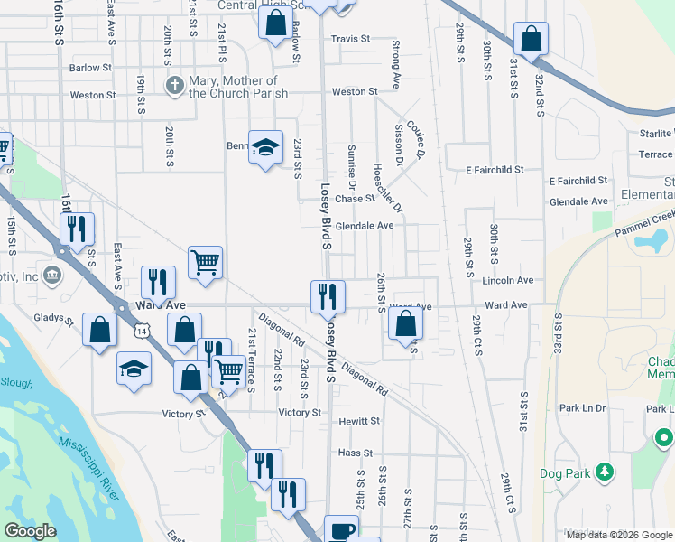map of restaurants, bars, coffee shops, grocery stores, and more near 2601 Losey Boulevard South in La Crosse