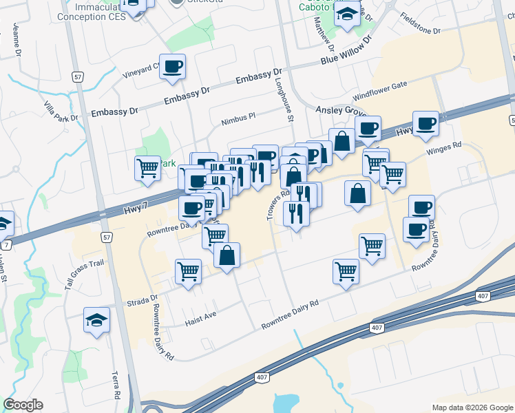 map of restaurants, bars, coffee shops, grocery stores, and more near in Vaughan