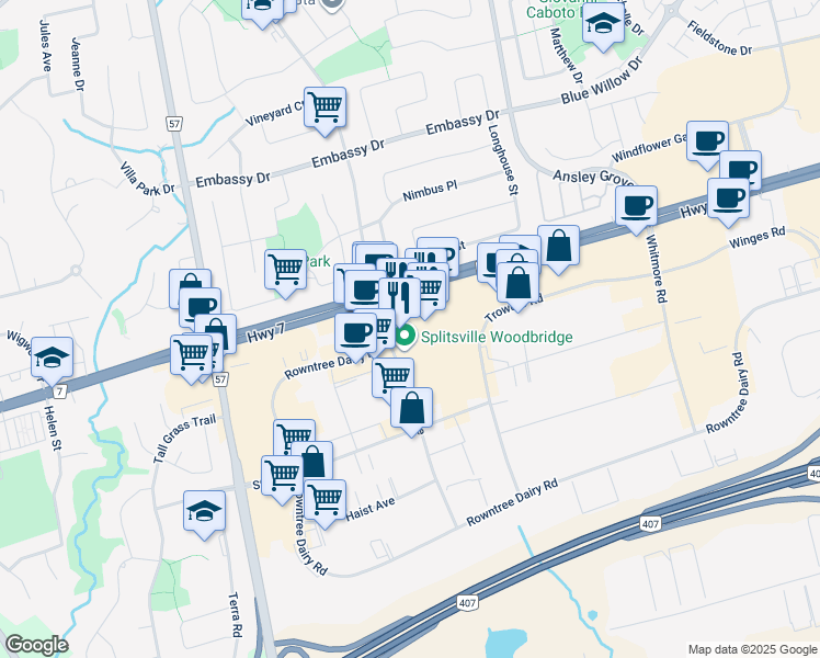 map of restaurants, bars, coffee shops, grocery stores, and more near 205 Marycroft Avenue in Vaughan