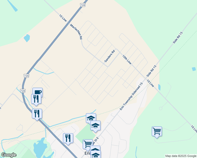 map of restaurants, bars, coffee shops, grocery stores, and more near 151 Molozzi Street in Erin