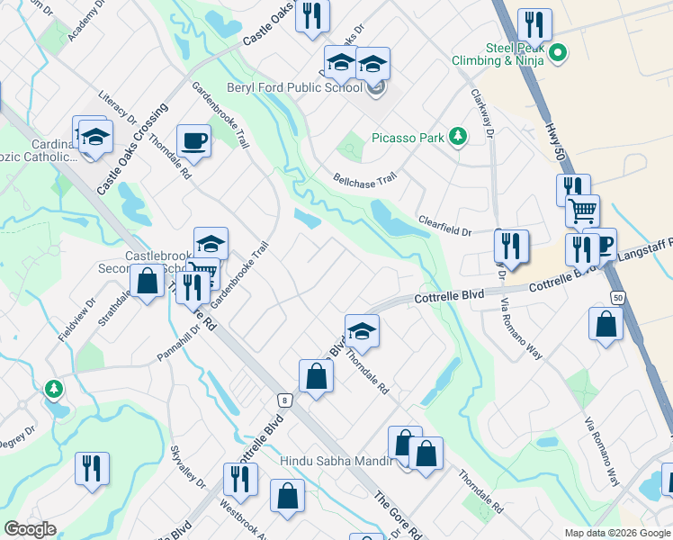 map of restaurants, bars, coffee shops, grocery stores, and more near 25 Raja Street in Brampton