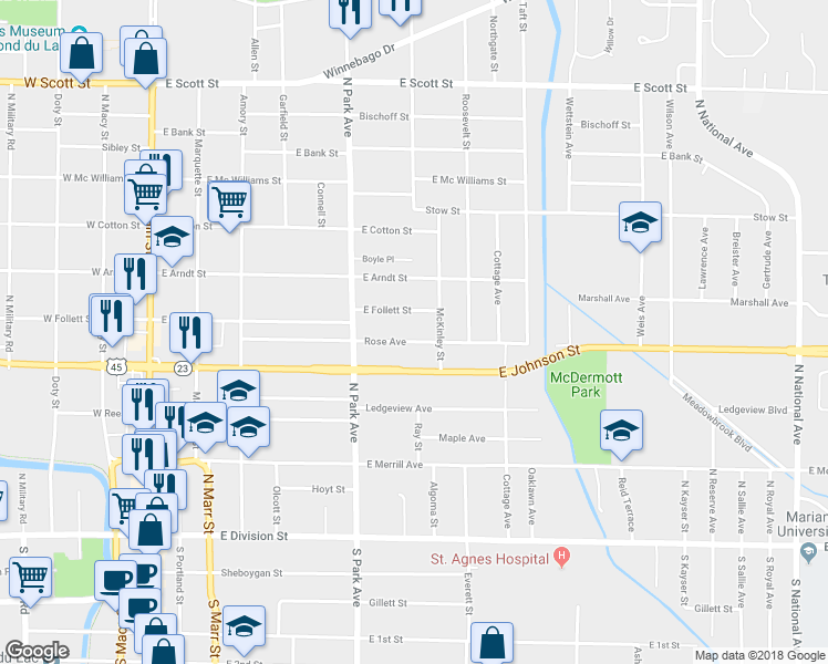 map of restaurants, bars, coffee shops, grocery stores, and more near 265 Rose Avenue in Fond du Lac