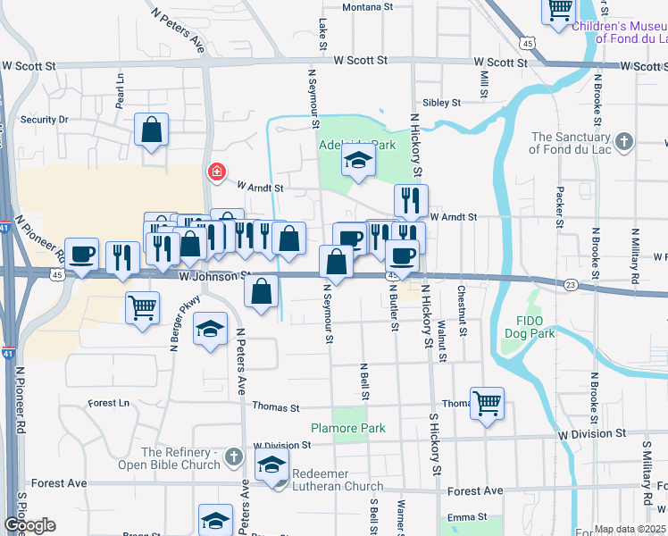 map of restaurants, bars, coffee shops, grocery stores, and more near 223 North Seymour Street in Fond du Lac