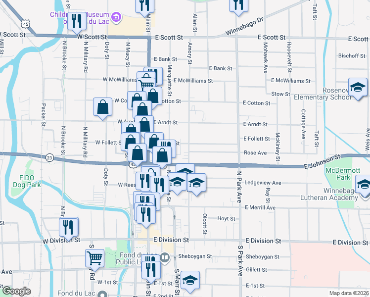 map of restaurants, bars, coffee shops, grocery stores, and more near 65 East Follett Street in Fond du Lac