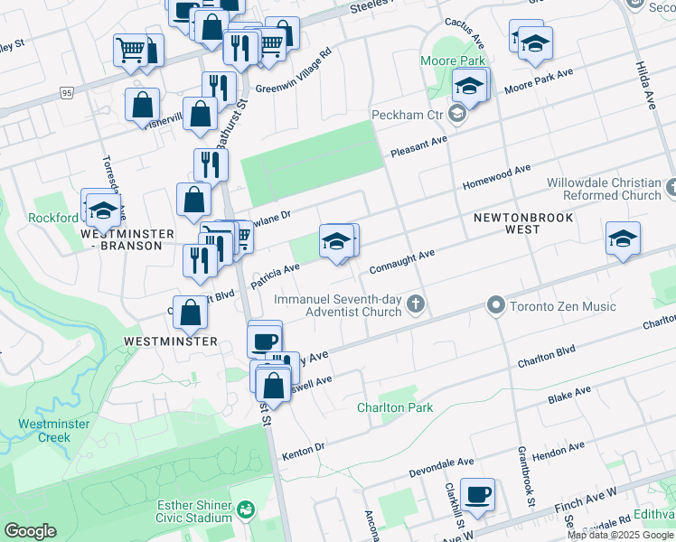 map of restaurants, bars, coffee shops, grocery stores, and more near 425 Patricia Avenue in Toronto