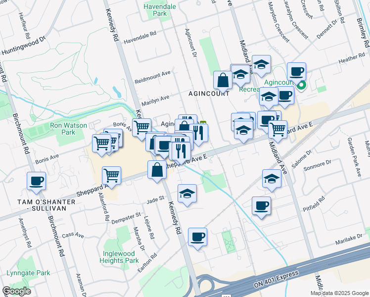 map of restaurants, bars, coffee shops, grocery stores, and more near 10 Reidmount Avenue in Toronto