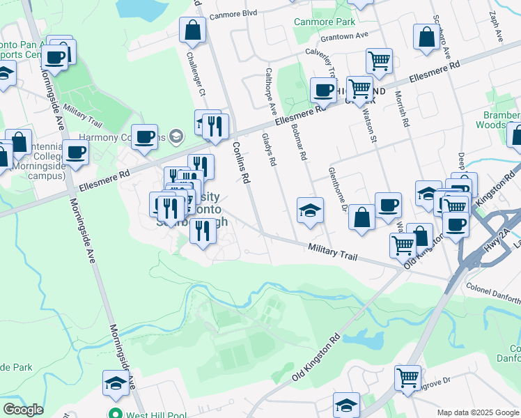 map of restaurants, bars, coffee shops, grocery stores, and more near 21 Conlins Road in Toronto