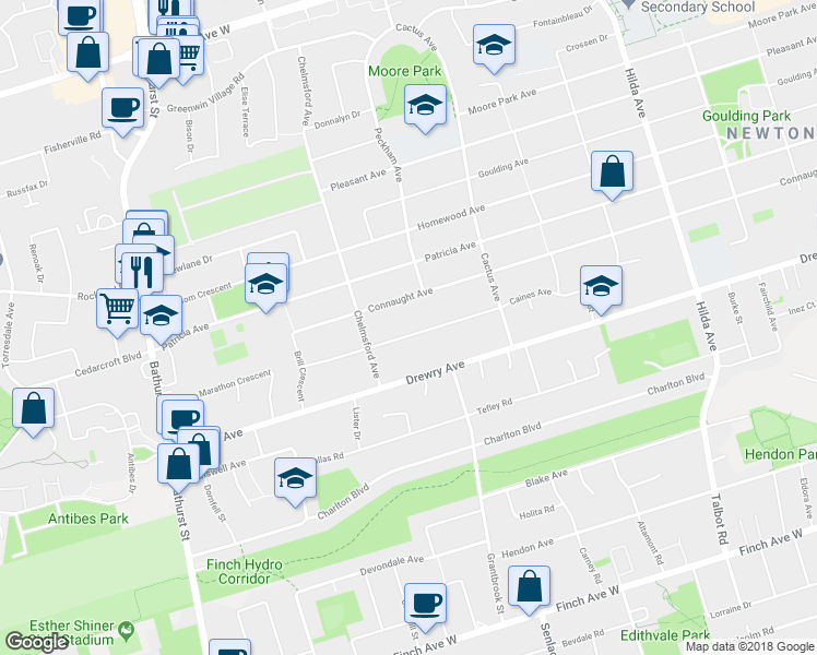 map of restaurants, bars, coffee shops, grocery stores, and more near 90 Caines Avenue in Toronto