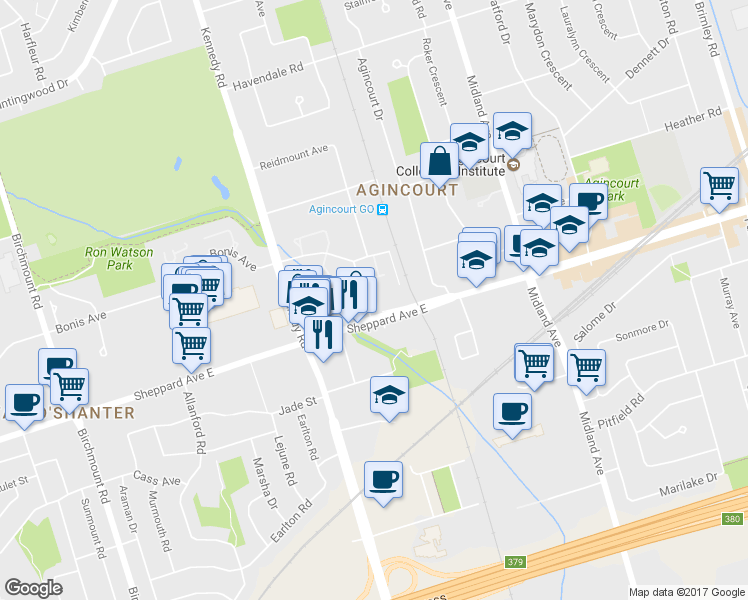 map of restaurants, bars, coffee shops, grocery stores, and more near in Toronto