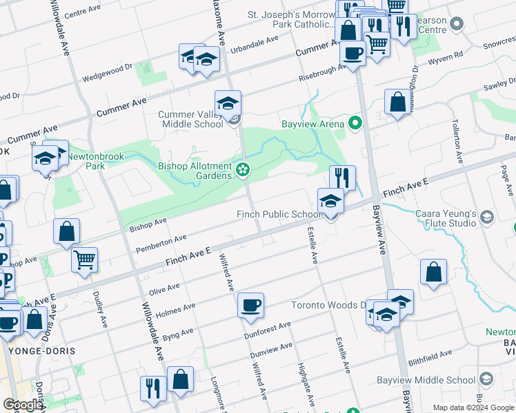 map of restaurants, bars, coffee shops, grocery stores, and more near in Toronto