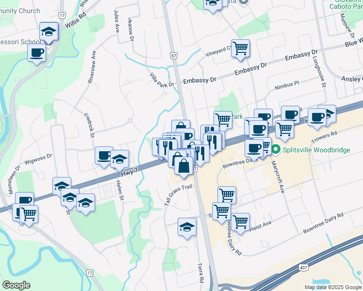 map of restaurants, bars, coffee shops, grocery stores, and more near in Vaughan