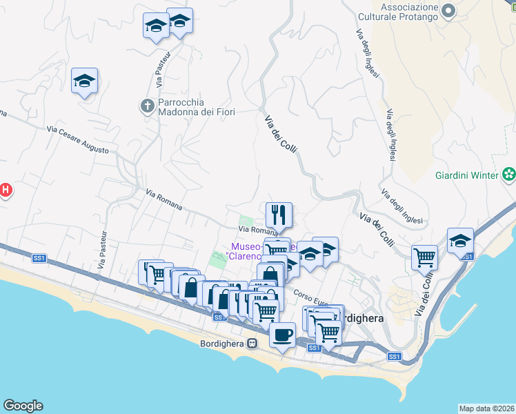 map of restaurants, bars, coffee shops, grocery stores, and more near 17 Via Torre Mostaccini in Bordighera