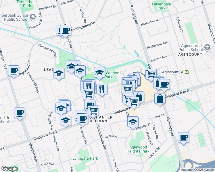 map of restaurants, bars, coffee shops, grocery stores, and more near 94 Bonis Avenue in Toronto