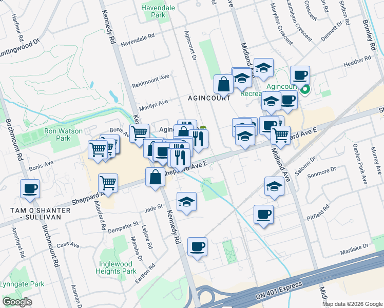 map of restaurants, bars, coffee shops, grocery stores, and more near 8 10 Reidmount Avenue in Toronto