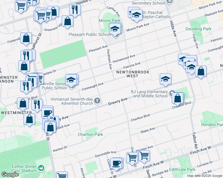 map of restaurants, bars, coffee shops, grocery stores, and more near 88 Caines Avenue in Toronto