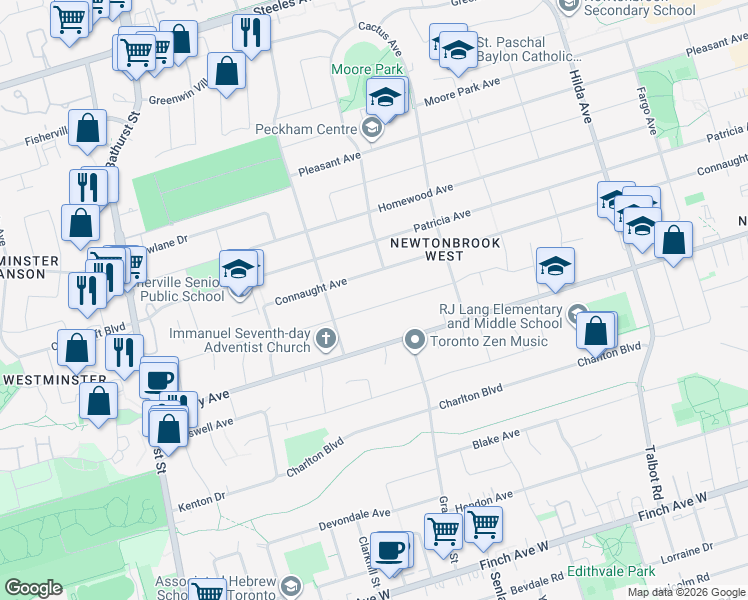 map of restaurants, bars, coffee shops, grocery stores, and more near 88 Caines Avenue in Toronto