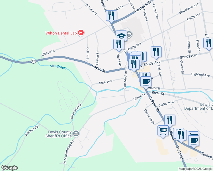 map of restaurants, bars, coffee shops, grocery stores, and more near 5349 Rural Avenue in Lowville