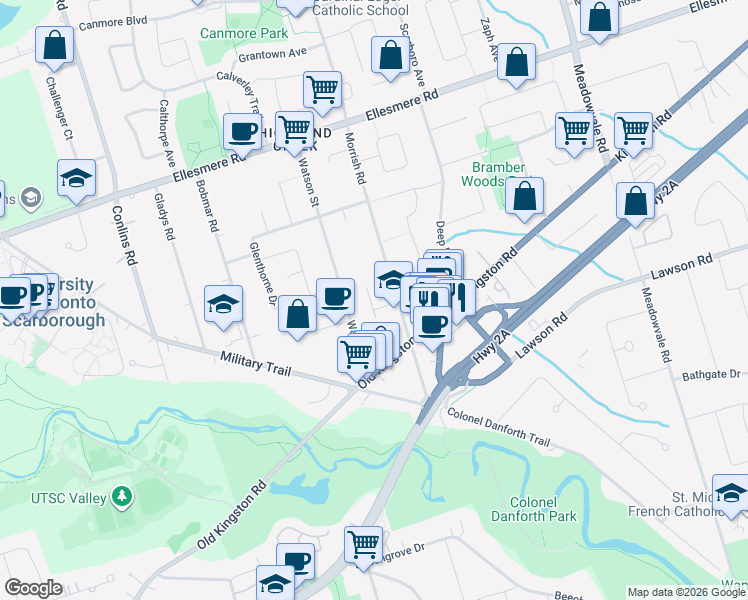map of restaurants, bars, coffee shops, grocery stores, and more near 302 Morrish Road in Toronto
