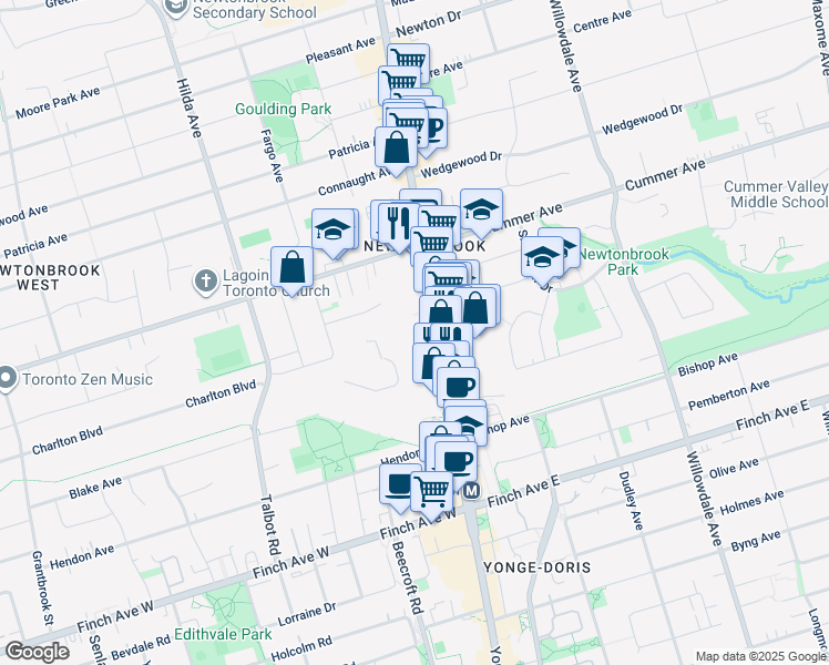 map of restaurants, bars, coffee shops, grocery stores, and more near 5800 Yonge Street in Toronto