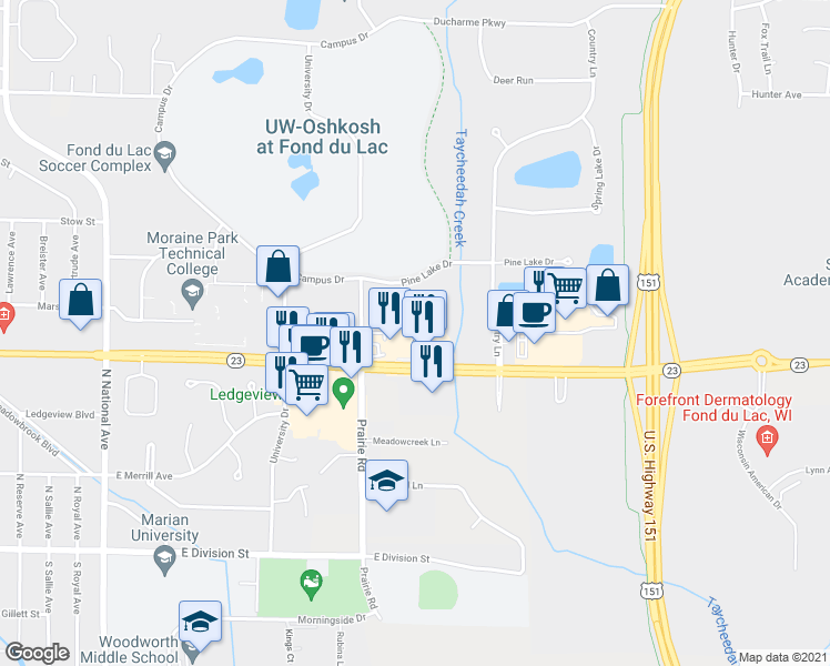 map of restaurants, bars, coffee shops, grocery stores, and more near 29 Kairis Court in Fond du Lac
