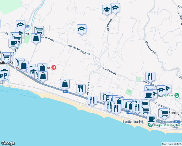 map of restaurants, bars, coffee shops, grocery stores, and more near 2 Via Genova in Bordighera