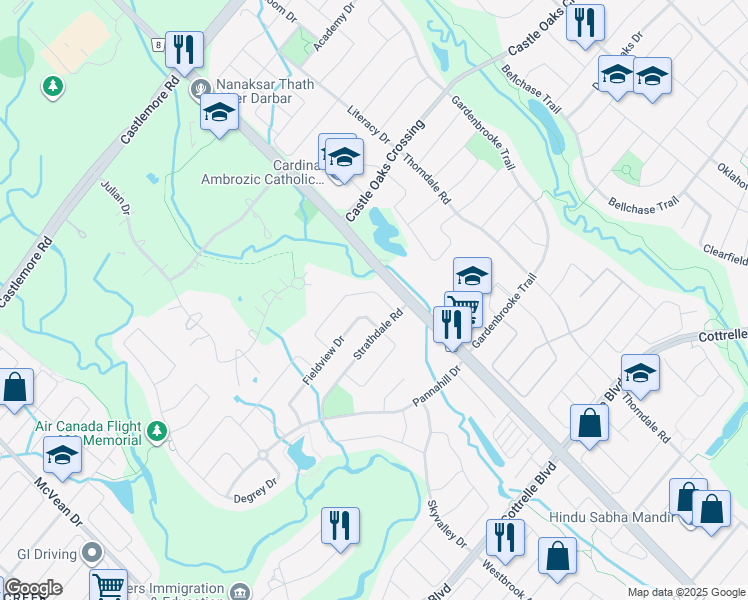 map of restaurants, bars, coffee shops, grocery stores, and more near 12 Daleridge Crescent in Brampton