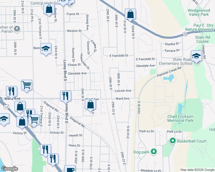 map of restaurants, bars, coffee shops, grocery stores, and more near 2600 29th Street South in La Crosse