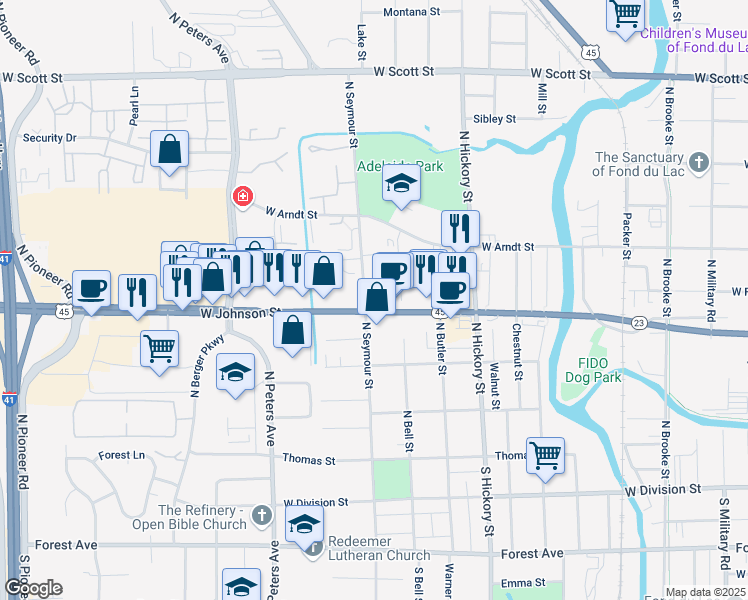 map of restaurants, bars, coffee shops, grocery stores, and more near 223 North Seymour Street in Fond du Lac