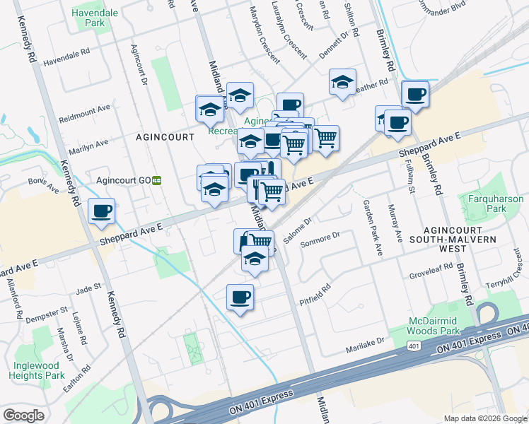 map of restaurants, bars, coffee shops, grocery stores, and more near 4211 Sheppard Avenue East in Toronto