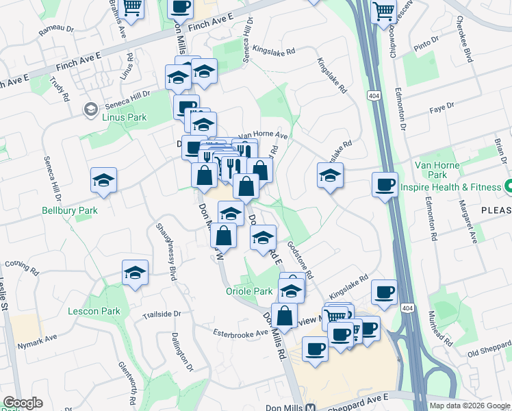 map of restaurants, bars, coffee shops, grocery stores, and more near 65 Godstone Road in Toronto