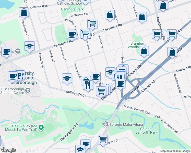 map of restaurants, bars, coffee shops, grocery stores, and more near 34 Watson Street in Toronto