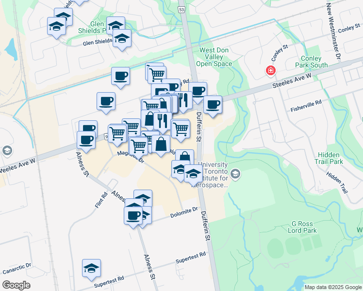 map of restaurants, bars, coffee shops, grocery stores, and more near 51 Gerry Fitzgerald Drive in Toronto