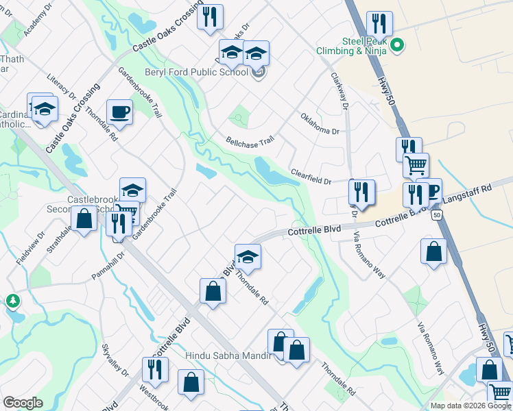 map of restaurants, bars, coffee shops, grocery stores, and more near 5 Aveena Road in Brampton